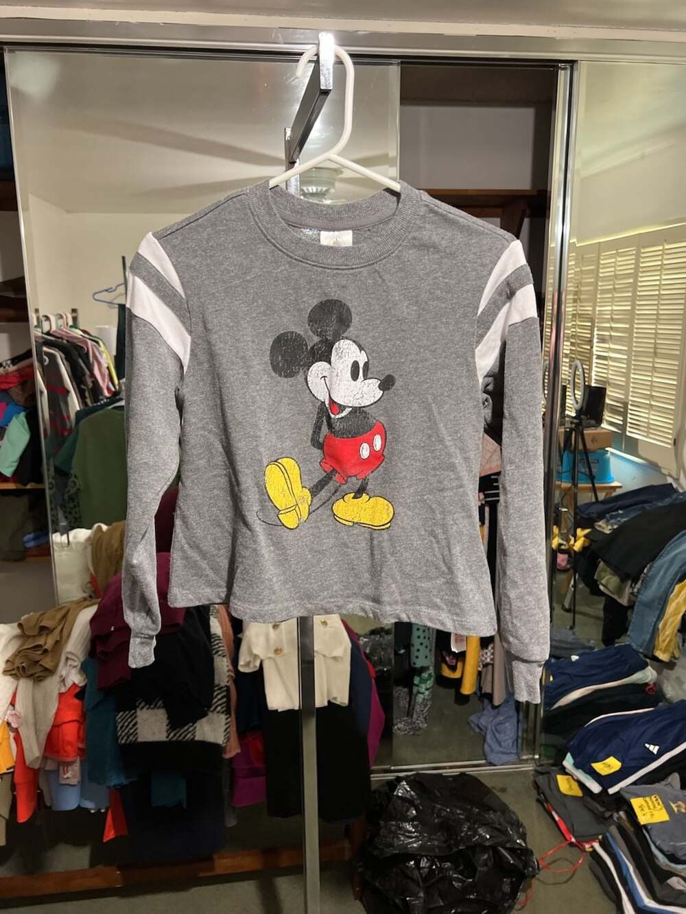 Disney Mickey Mouse Distressed Graphic Gray Long Sleeve Sweatshirt with White Sl